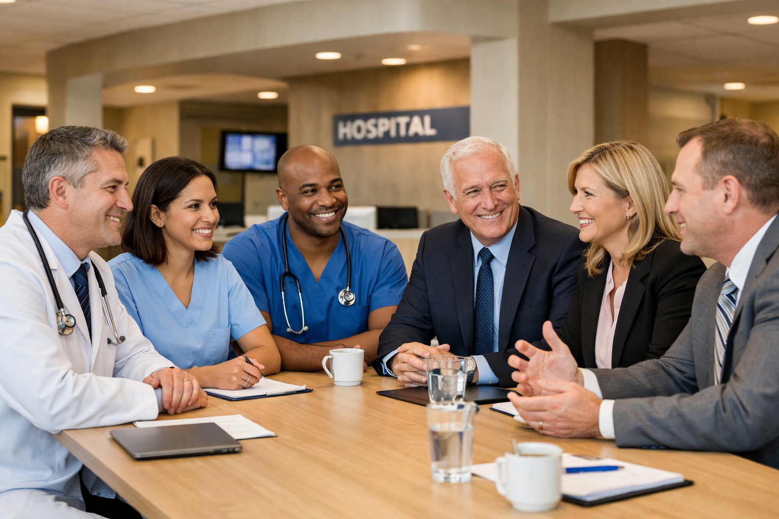 Group of healthcare professionals sitting at a table with hospital administrators
